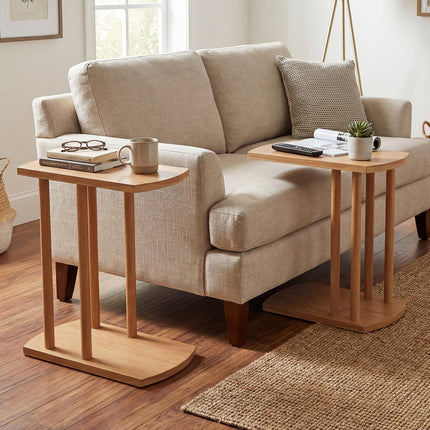 Dreamade C-Shaped Teak Wood Side Table Set of 1/2 Narrow 2-Tier Couch Tables