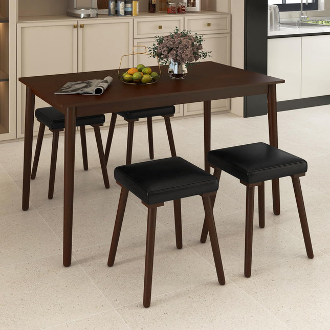 Dreamade 5-Piece Dining Table Set for 4 - Dining Table with 4 Upholstered Stools, Rubber Wood Legs
