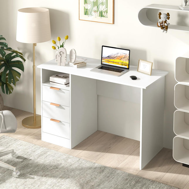 Dreamade White Desk with Drawers, Modern Home Office Desk Writing Study Desk with Charging Station
