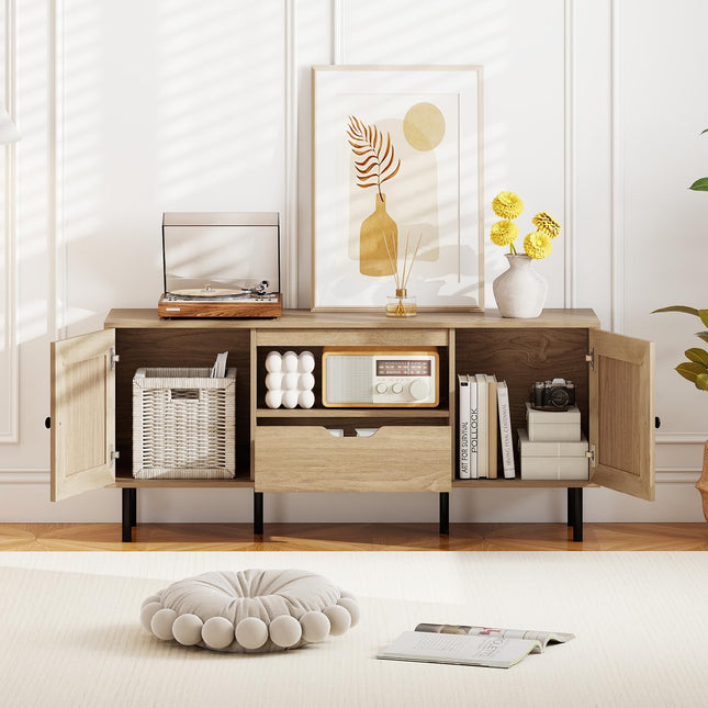 Dreamade Boho TV Stand for 50-60 Inch TV with Storage Cabinets Drawer & PE Rattan Doors