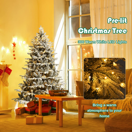 Dreamade 4.5ft / 6ft / 7ft Pre-lit Snow Flocked Christmas Tree, Premium Hinged Artificial Pine Tree w/ 120 LED Lights & 757 PE & PVC Branch Tips - DreamadeUS