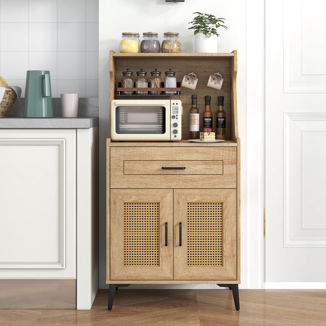 Dreamade 45.5” Kitchen Pantry Cabinet, Buffet Sideboard w/Hutch, PVC Rattan Door
