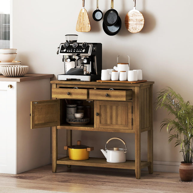 Dreamade Mid-Century Console Table Wood Coffee Bar Buffet Sideboard with 2 Drawers