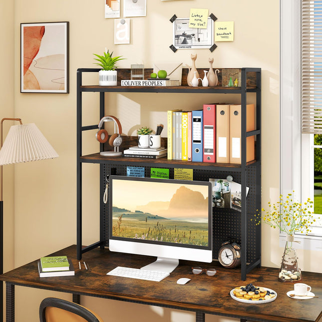 Dreamade 2-Tier Desk Hutch Dorm with Pegboard for up to 32" Computer Monitor