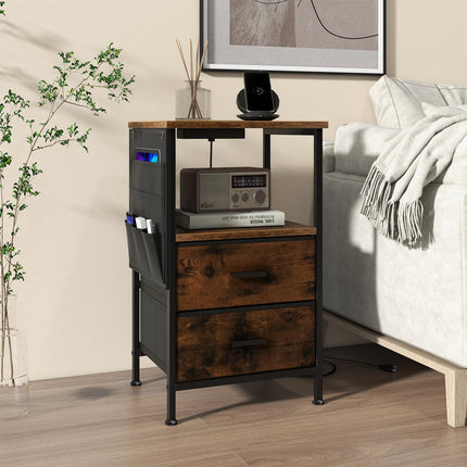 Dreamade Nightstand with Charging Station, Industrial Bedside Table with 2 Fabric Drawers & 6 Storage Pockets