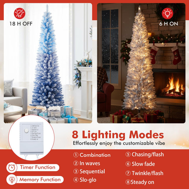 Dreamade 6FT / 7FT Blue Gradient Snow Flocked Christmas Tree with Warm White LED Lights