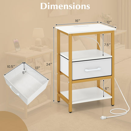 Dreamade Nightstand with Charging Station and Adjustable Fabric Drawer for Bedroom and Living Room