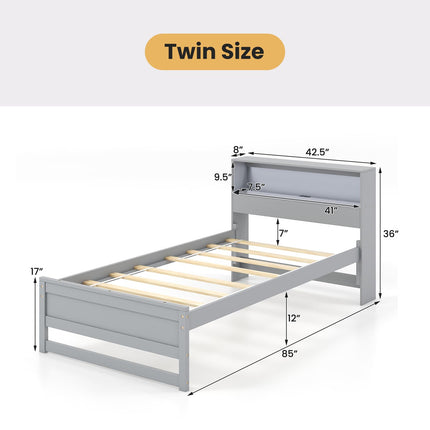 Dreamade Twin Bed Frames with Storage Headboard, Wood Platform Bed with Charging Station & LED Light