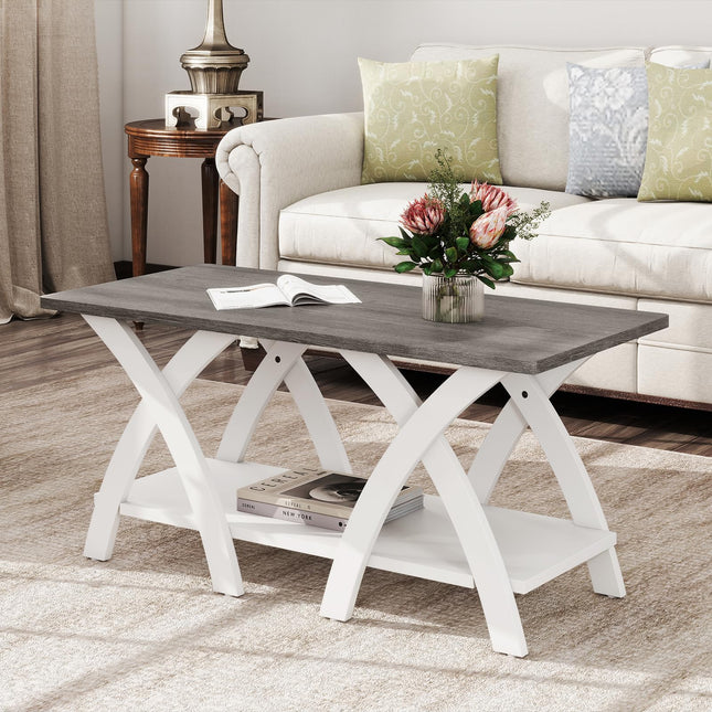 Dreamade Farmhouse Coffee Table 2-Tier Wood Center Table with Storage Shelf & X-Shaped Support Legs