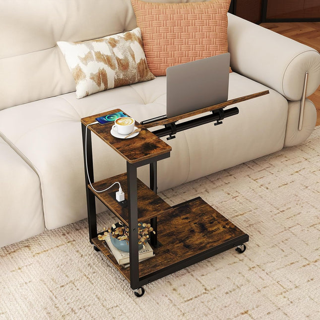 Dreamade C Shaped End Table Set 2 w/Charging Station Tiltable Tabletop Wheel