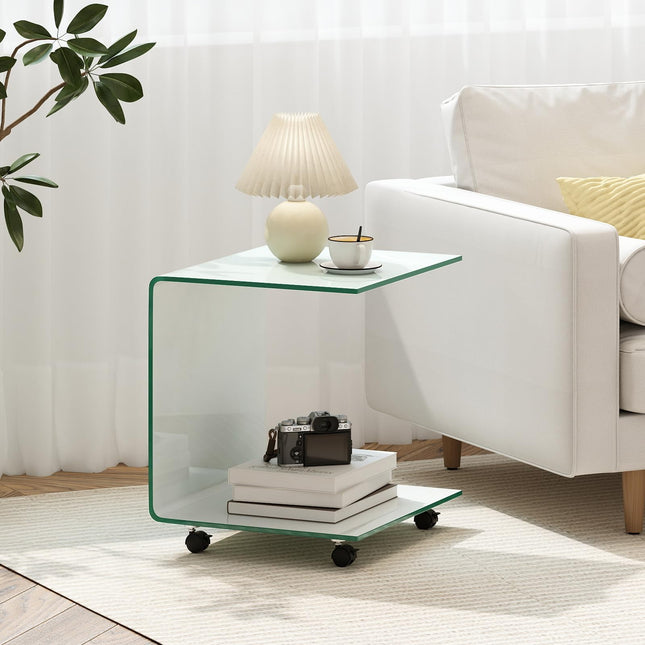 Dreamade C-Shaped End Table with Wheels - Mobile Tempered Glass Sofa Couch Side Table w/2-Tier Storage Shelf