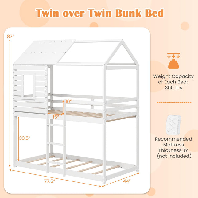 Dreamade White Wood Bunk Bed Twin Over Twin with Ladder and Guardrail
