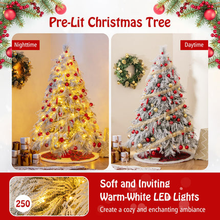 Dreamade 6ft Pre-Lit Snow Flocked Christmas Tree, Artificial Hinged Full Xmas Tree with 519 PVC & Pine Needles