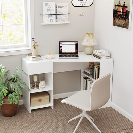Dreamade White Desk with Drawer 48 Inch Corner Desk