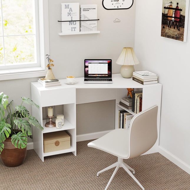 Dreamade White Desk with Drawer 48 Inch Corner Desk