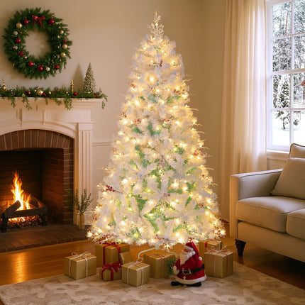 Dreamade 6FT / 7FT Hinged Lighted Xmas Tree with Snow Flocked Branch Tips & LED Lights