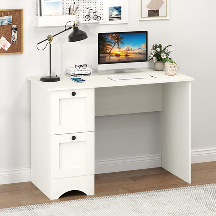 Dreamade White Desk with 2 Drawers, 43” Wooden Home Office Desk with Charging Station