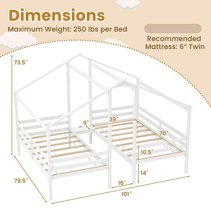 Dreamade Double Twin Bed Frames for Kids, Wood House Shaped Platform with Built-in Nightstand & USB Port