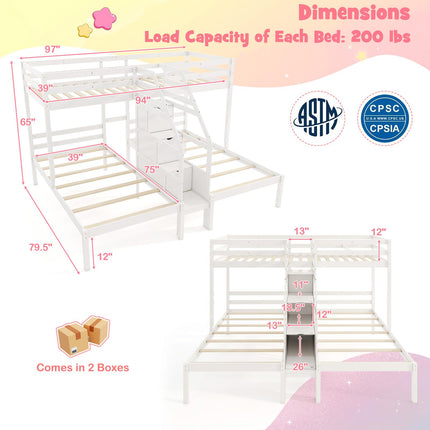 Dreamade Twin Over Twin & Twin Bunk Bed, Triple Bunk Beds with 4-Step Storage Stair, Wooden 3 Bunk Beds for Kids Teens
