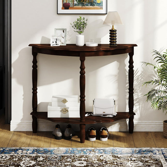Dreamade 42 Inch Half Moon Console Table with Shelf and Rubber Wood Legs