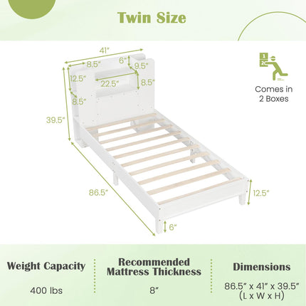 Dreamade Twin Bed Frames for Kids, Wooden Twin Size Bed with Storage Bookcase Headboard