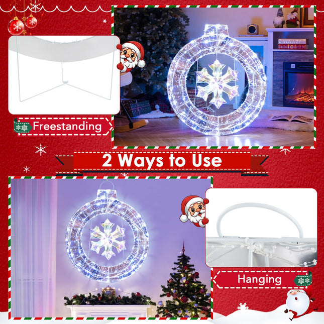 Dreamade 33” Lighted Ornament with Snowflake, Pre-Lit Christmas Wreath with 128 Cold White LED Lights