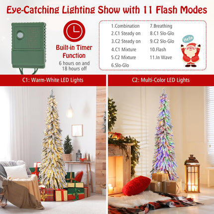 Dreamade 6ft Pre-Lit Flocked Christmas Tree, Artificial Slim Pencil Xmas Tree with 250 LED Lights