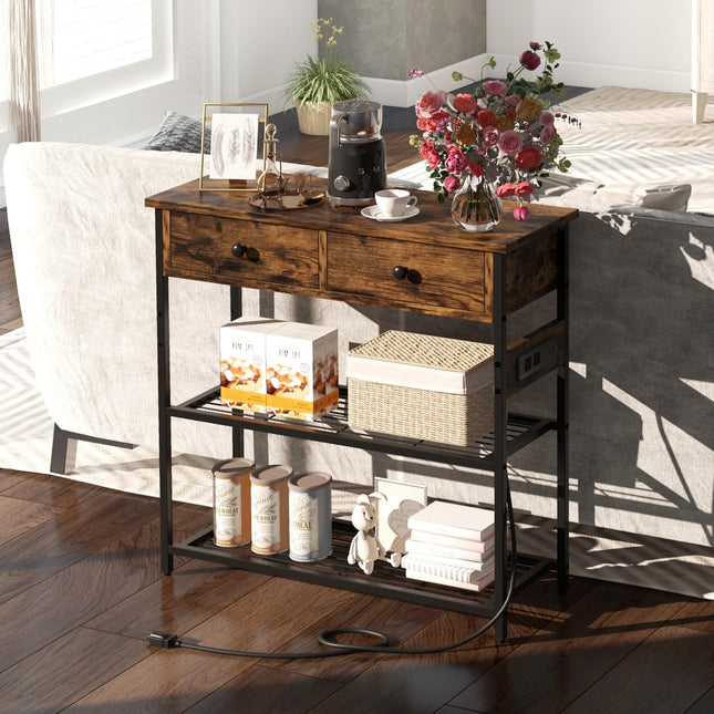 Dreamade Console Table with Outlets - 3-Tier Entryway Table w/USB Ports, 2 Storage Drawers