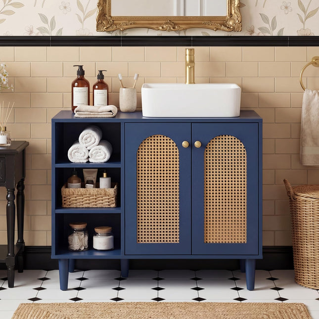 Dreamade 36" Bathroom Under Sink Storage Cabinet with 2 Rattan Doors