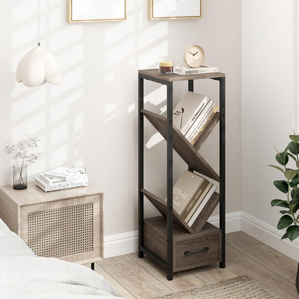 Dreamade Tree Bookshelf with Drawer, 4-Tier Narrow Bookcase with Metal Frame, Tall Floor Standing Storage Organizer for Small Space