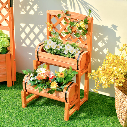 Dreamade Raised Garden Bed with 2 Barrel Planters & Trellis, 2-Tier Freestanding Wooden Raised Bed for Vegetable Flower Fruit