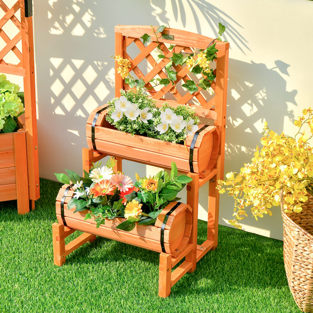 Dreamade Raised Garden Bed with 2 Barrel Planters & Trellis, 2-Tier Freestanding Wooden Raised Bed for Vegetable Flower Fruit