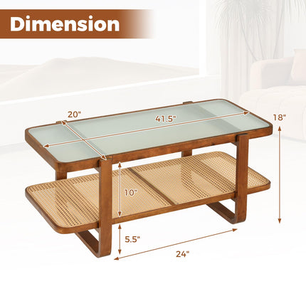 Dreamade Rattan Coffee Table | 41.5" Farmhouse Center Table with Storage & Frosted Tempered Glass