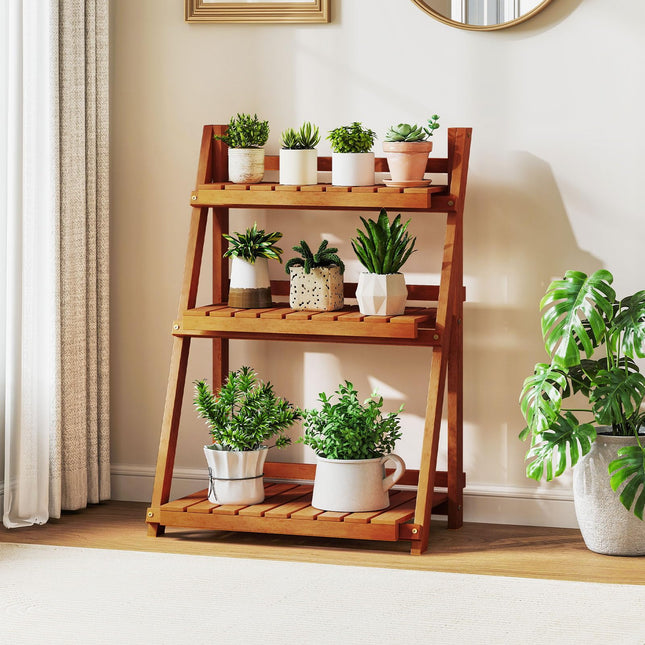 Dreamade Foldable Ladder Plant Shelf 3-Tier Solid Wood Indoor Outdoor Flower Pot Display Rack