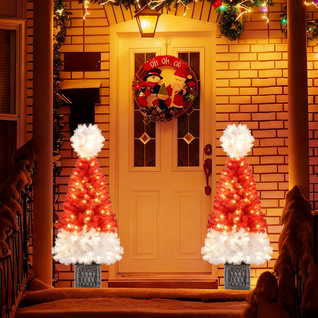 Dreamade 4 FT Pre-Lit Christmas Tree for Entrances, Artificial Potted Santa Hat Xmas Tree with 300 Branch Tips