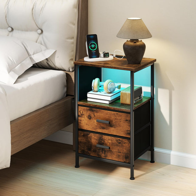 Dreamade Night Stand with Charging Station | LED Sofa End Table w/2 Folding Fabric Drawers