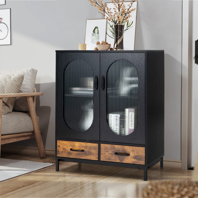 Dreamade Buffet Cabinet with 2 Drawers, Wooden Sideboard, Standing 2-Tier Cupboard (Black & Brown)