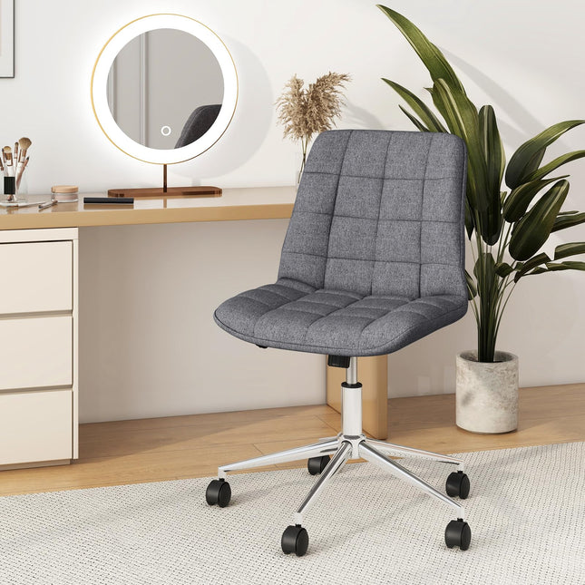 Dreamade Armless Office Chair, Linen Fabric Vanity Chair with Wheels & Adjustable Height, 360° Rolling Swivel Task Computer Chair