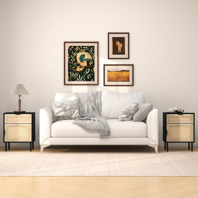 Dreamade Rattan Nightstand Set of 2, Mid Century Modern End Table with Drawer & Cabinet, Sofa Side Table with Sturdy Metal Legs