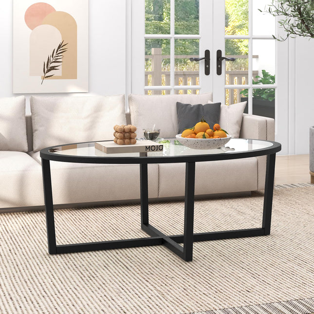 Dreamade Glass Coffee Table, 46.5" Oval Accent Sofa Tea Table with Tempered Glass Top, Cross Base & Acacia Wood Legs