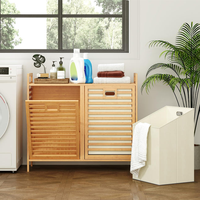 Dreamade 20 Gal Bamboo Tilt Out Laundry Hamper with 2 Removable & Foldable Fabric Bins