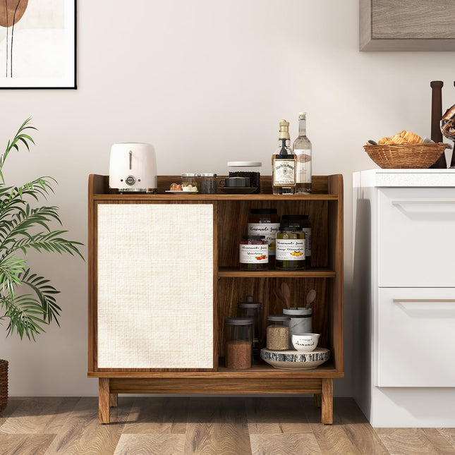 Dreamade Sideboard Cabinet, Farmhouse Buffet Storage Cabinet with Sliding Rattan Door, 2 Adjustable Shelves
