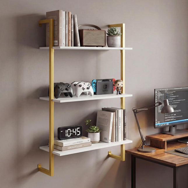 Dreamade 3-Tier Modern Floating Wall-Mounted Bookshelf with Metal Frame (1/2)