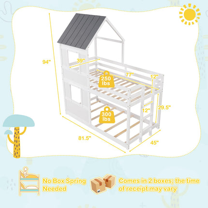 Dreamade House Bunk Bed Twin Over Twin, Solid Wood Floor Bunk Bed with Built in Ladder, Window & Safety Guardrail