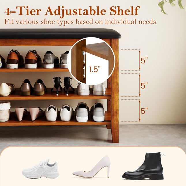 Dreamade 4-Tier Shoe Rack Bench | Rubber Wood Entryway Bench with Adjustable Shelves