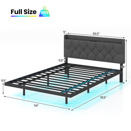 Dreamade Queen/Full Size Floating Bed Frame with LED Lights, Modern Platform Bed with Adjustable Upholstered Headboard & Charging Station