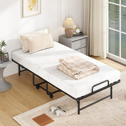 Dreamade Twin Folding Bed Frame with 5 Inch Mattress, Portable Rollaway Guest Bed, 75" x 38"