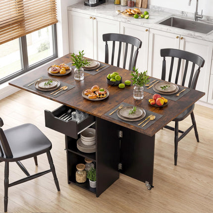 Dreamade 47.5" Folding Dining Table | Drop Leaf Wooden Dinner Table with 2-Tier Storage Shelf and Drawer