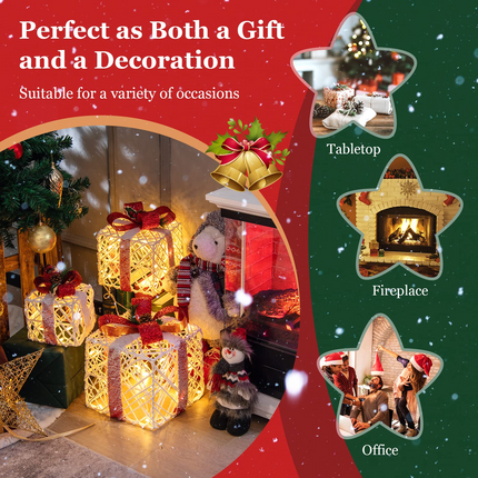 Lighted Gift Boxes Christmas Decoration, Set of 3 White Present Ornament Boxes with 60 LED Lights - DreamadeUS
