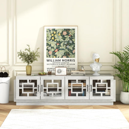 Dreamade Farmhouse TV Stand for TVs up to 75”, 4-Door Glass Entertainment Center with 2 Cabinets